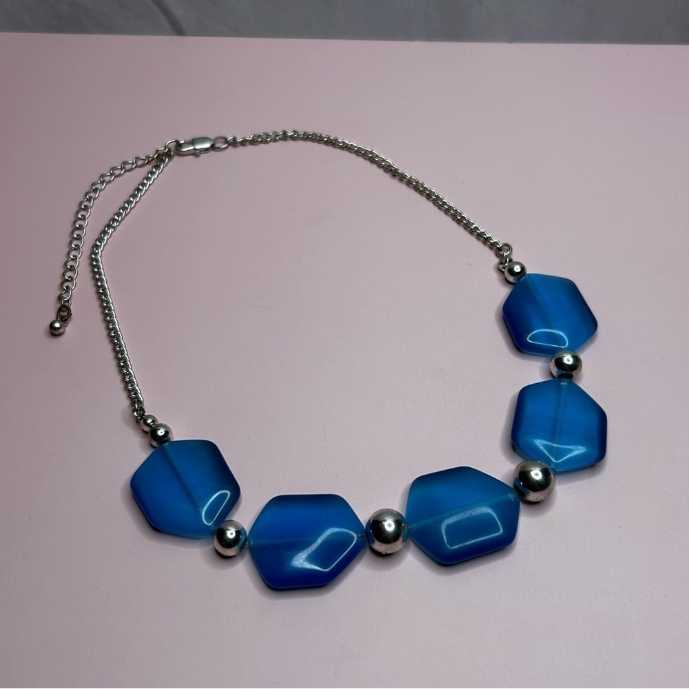 Aqua Blue and Silver Tone Geometric Statement Necklace
